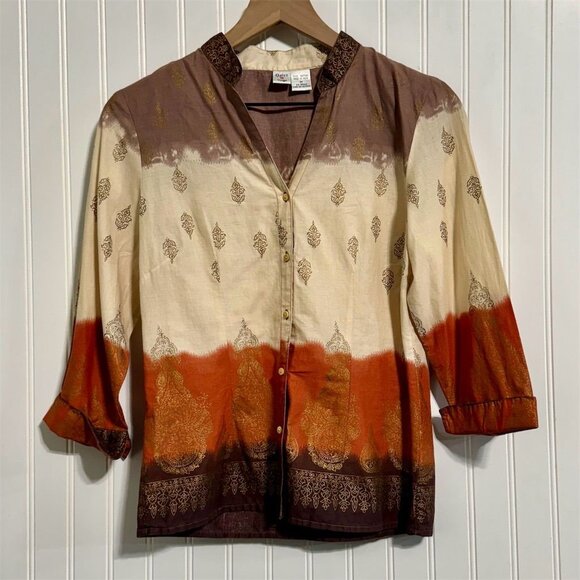 Vintage Y2K Quizz Ombre Blouse Medium Brown Rust Gold Metallic Boho Whimsigoth - Picture 3 of 7